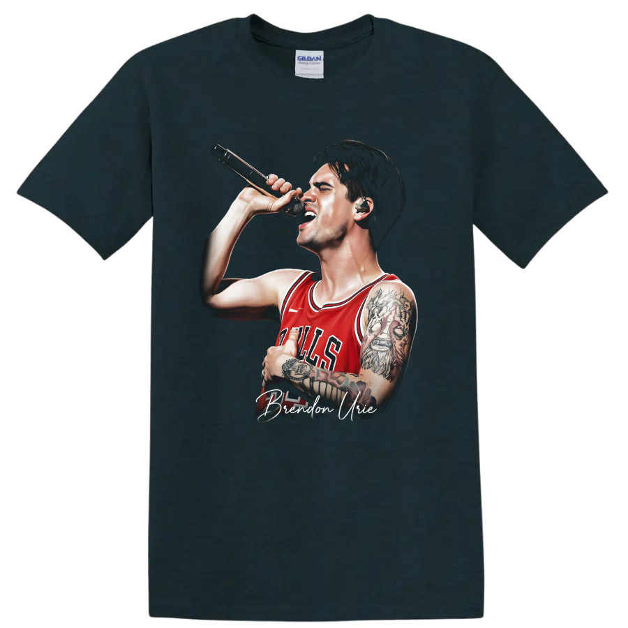 Brendon Urie singing into a microphone in a Bulls jersey graphic on a Midnight (Green) T Shirt