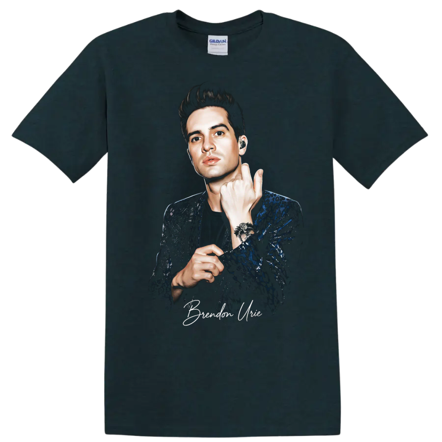 Brendon Urie portrait graphic print in a dramatic performance pose on a Midnight (Green) T Shirt
