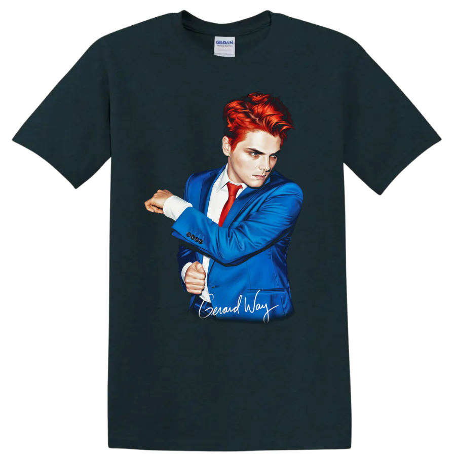 Gerard Way portrait in blue suit and red tie, stylized music fan art on a Midnight (Green) T Shirt