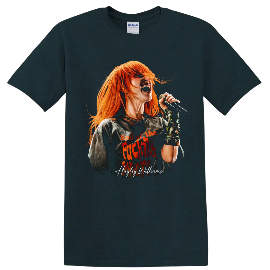 Hayley Williams singing into a microphone in bold rock fan art on a Midnight (Green) T Shirt