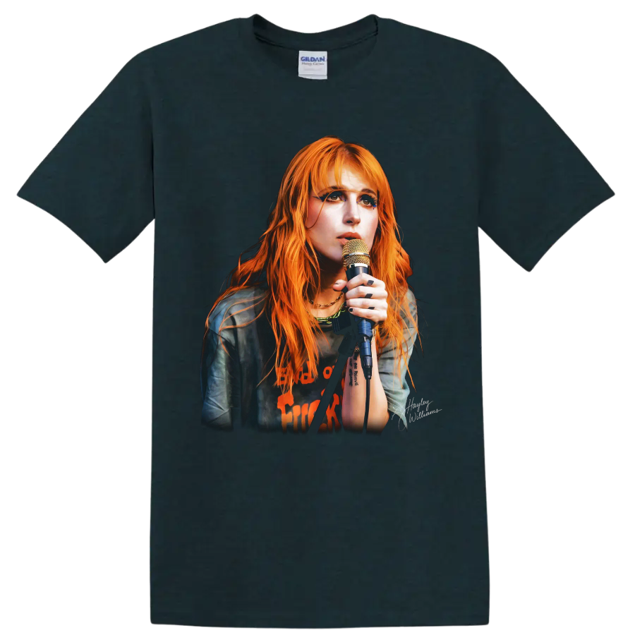 Hayley Williams Paramore rock music poster portrait with microphone on a Midnight (Green) T Shirt