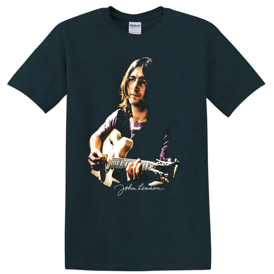 John Lennon portrait playing acoustic guitar, moody music artwork on a Midnight (Green) T Shirt