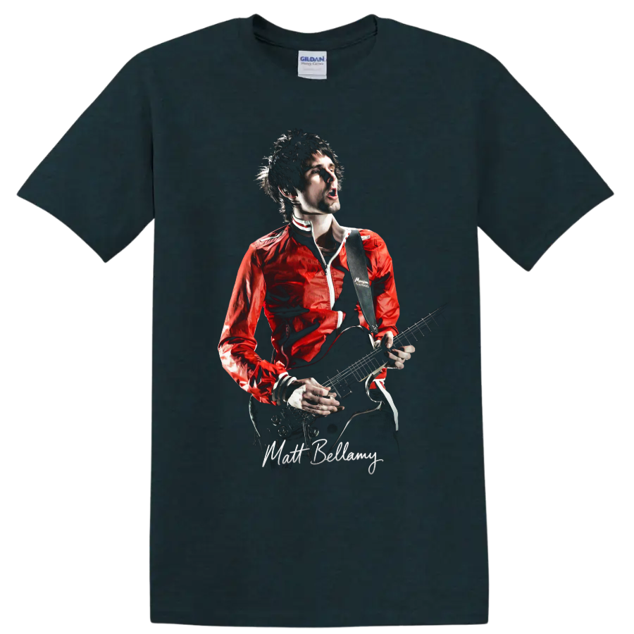 Matt Bellamy of Muse playing electric guitar in bold rock performance artwork on a Midnight (Green) T Shirt