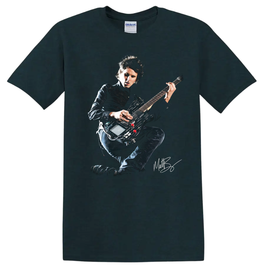 Matt Bellamy of Muse playing electric guitar in a dramatic rock portrait on a Midnight (Green) T Shirt