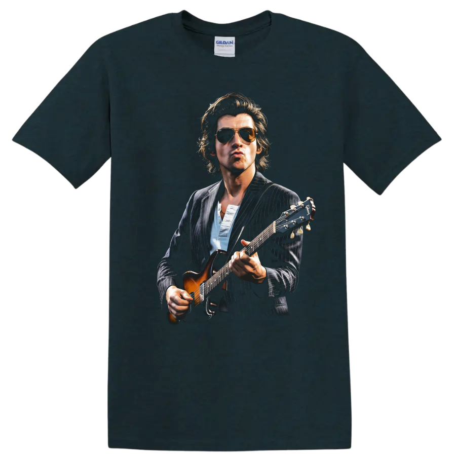Alex Turner of Arctic Monkeys playing guitar in a realistic portrait on a Midnight (Green) T Shirt