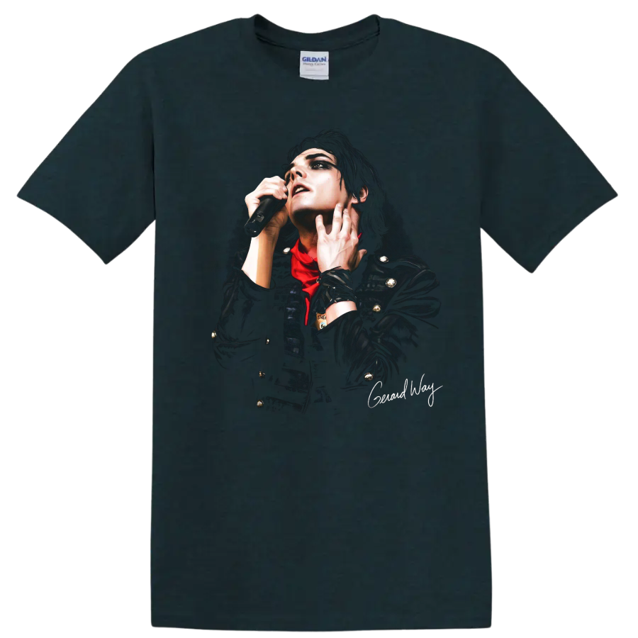 Gerard Way performing in dramatic Black Parade era graphic portrait on a Midnight (Green) T Shirt