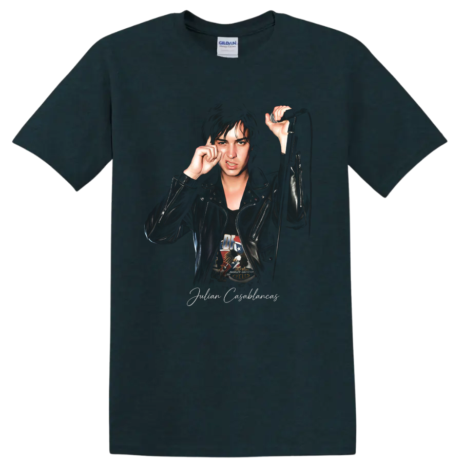Julian Casablancas portrait with microphone, illustrated rock music design on a Midnight (Green) T Shirt