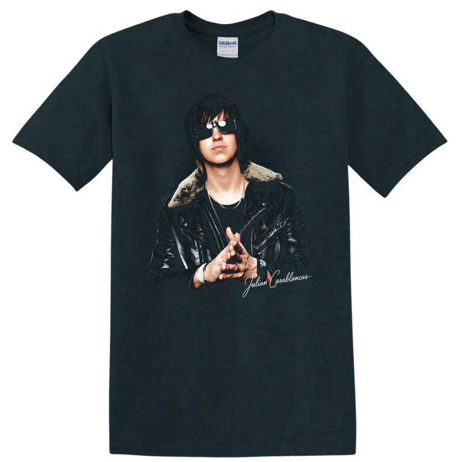 Julian Casablancas portrait with sunglasses and leather jacket on a Midnight (Green) T Shirt