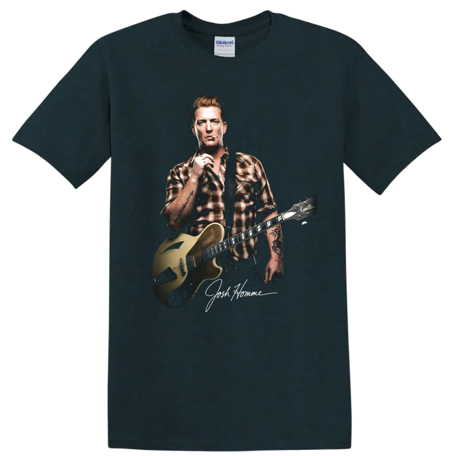 Josh Homme guitar portrait graphic with Queens of the Stone Age rock style on a Midnight (Green) T Shirt