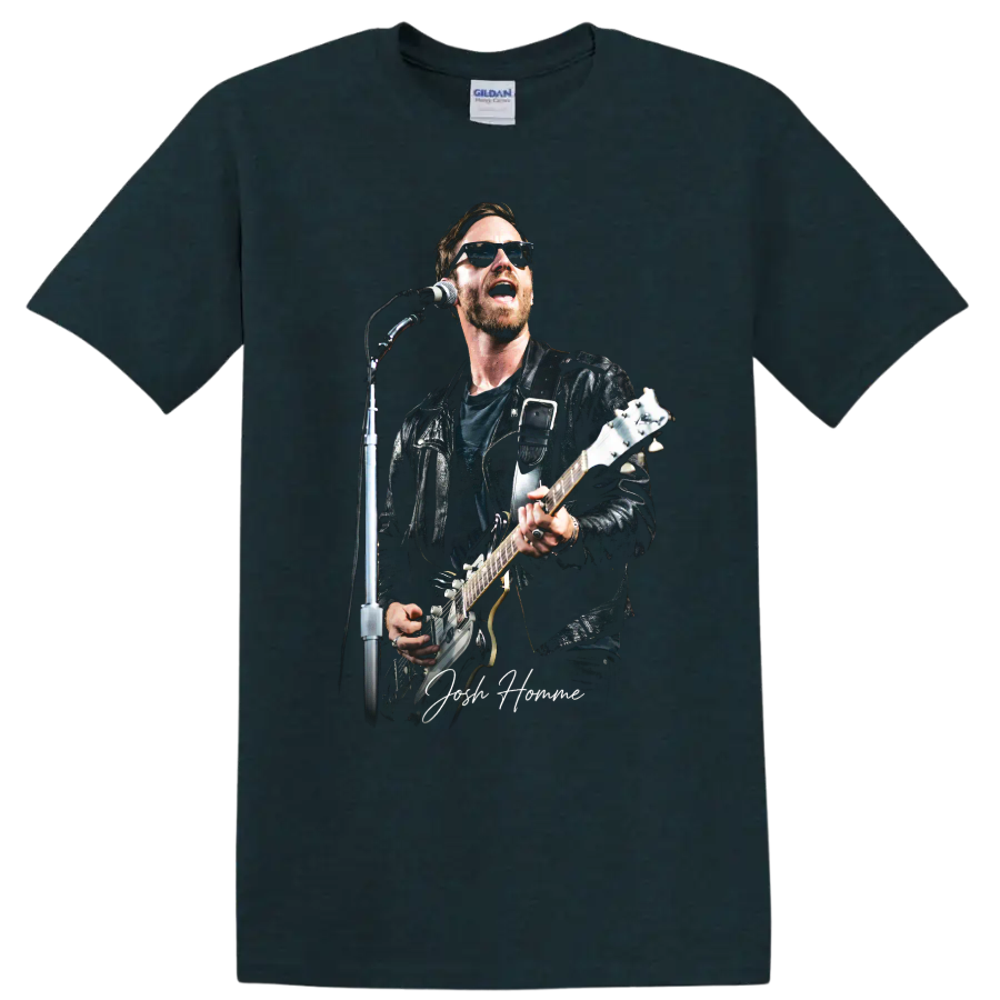 Josh Homme performing with guitar in a dark illustrated rock portrait on a Midnight (Green) T Shirt