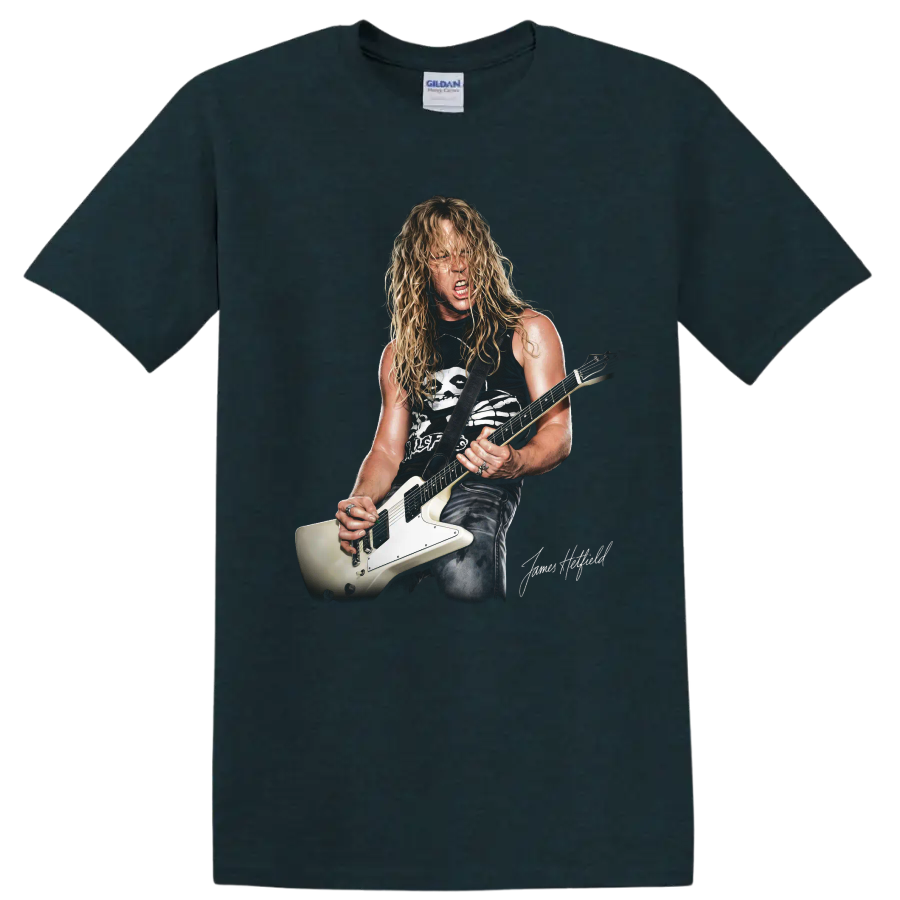 James Hetfield of Metallica playing a white Explorer guitar, heavy metal artwork on a Midnight (Green) T Shirt