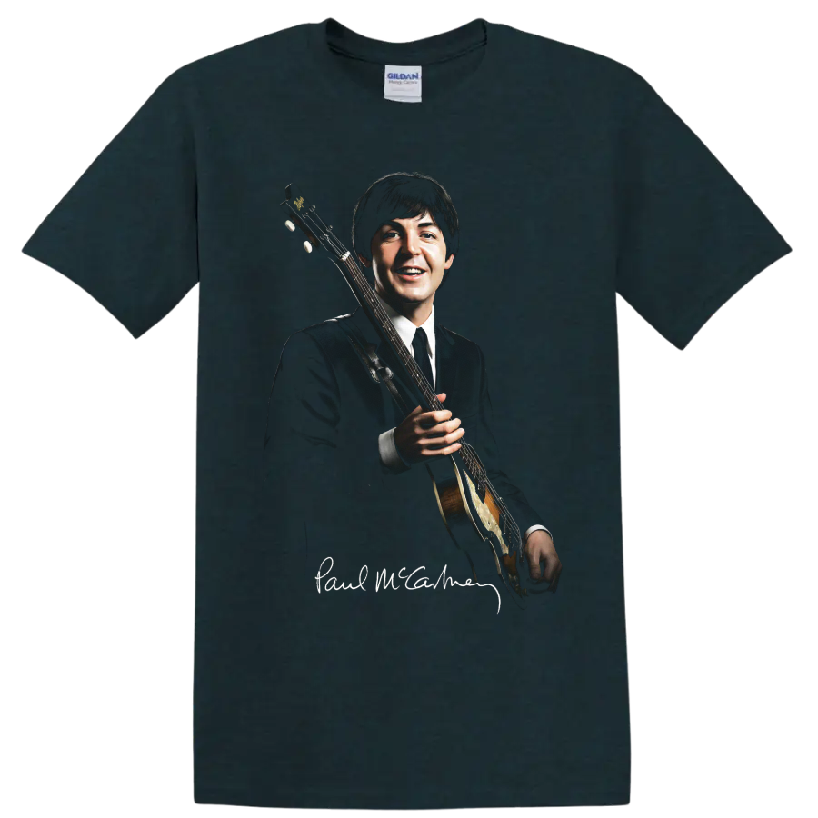Paul McCartney holding a Höfner bass guitar in a classic rock portrait on a Midnight (Green) T Shirt