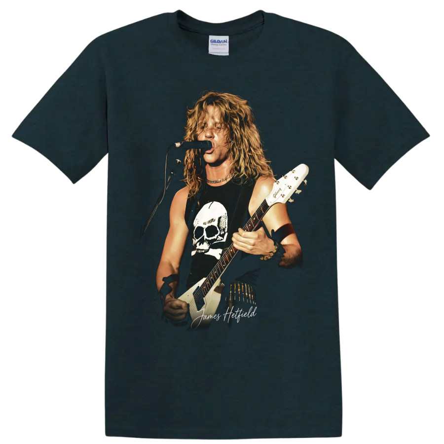 James Hetfield Metallica guitarist performing with a skull graphic on a Midnight (Green) T Shirt
