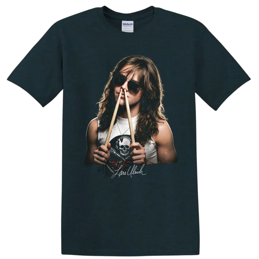 Lars Ulrich heavy metal drummer portrait with sunglasses and drumsticks on a Midnight (Green) T Shirt