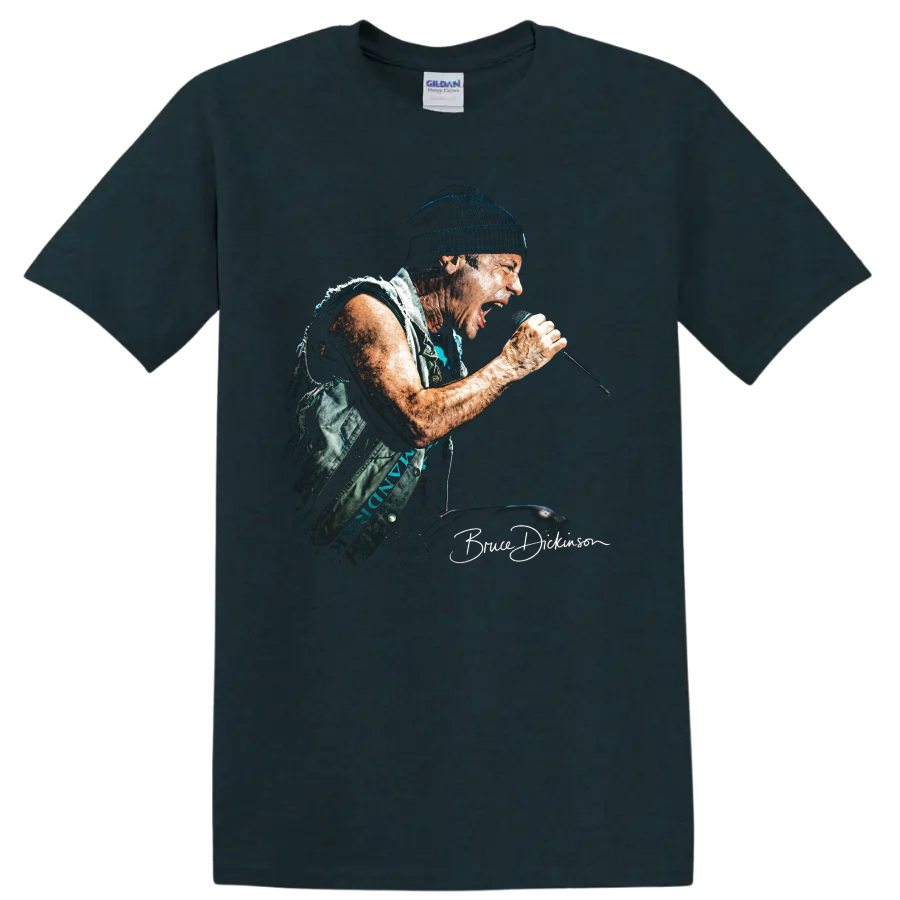 Bruce Dickinson of Iron Maiden performing with a microphone in gritty metal art on a Midnight (Green) T Shirt