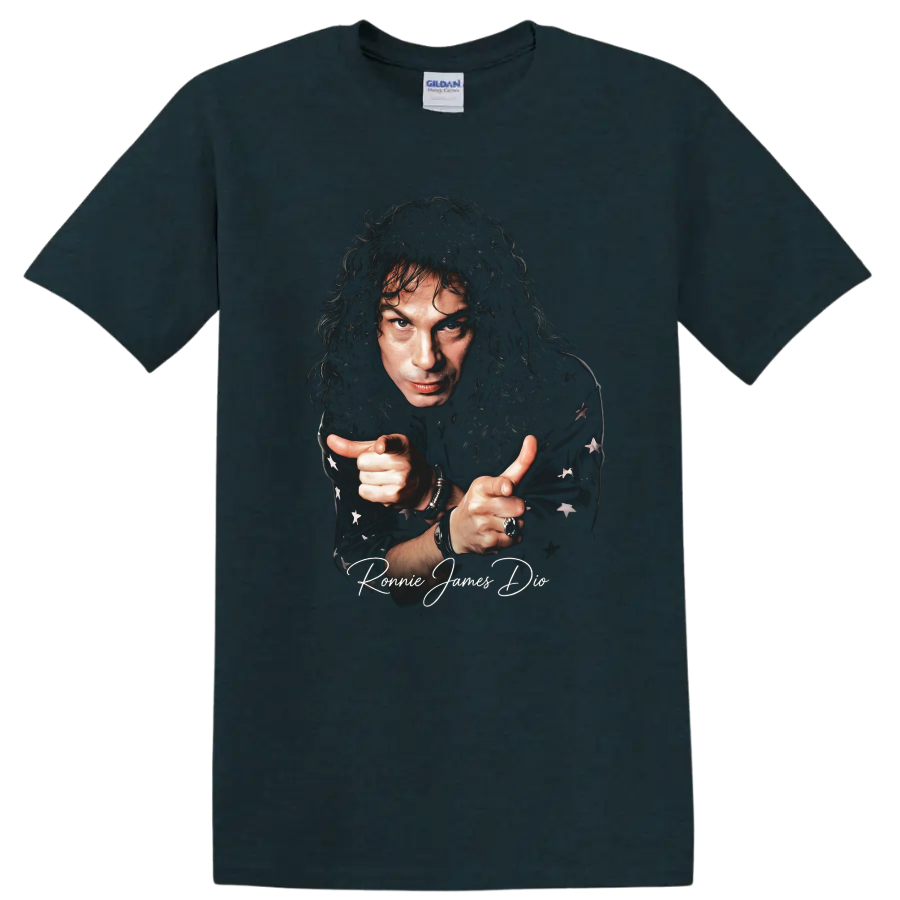 Ronnie James Dio portrait heavy metal graphic with signature on a Midnight (Green) T Shirt