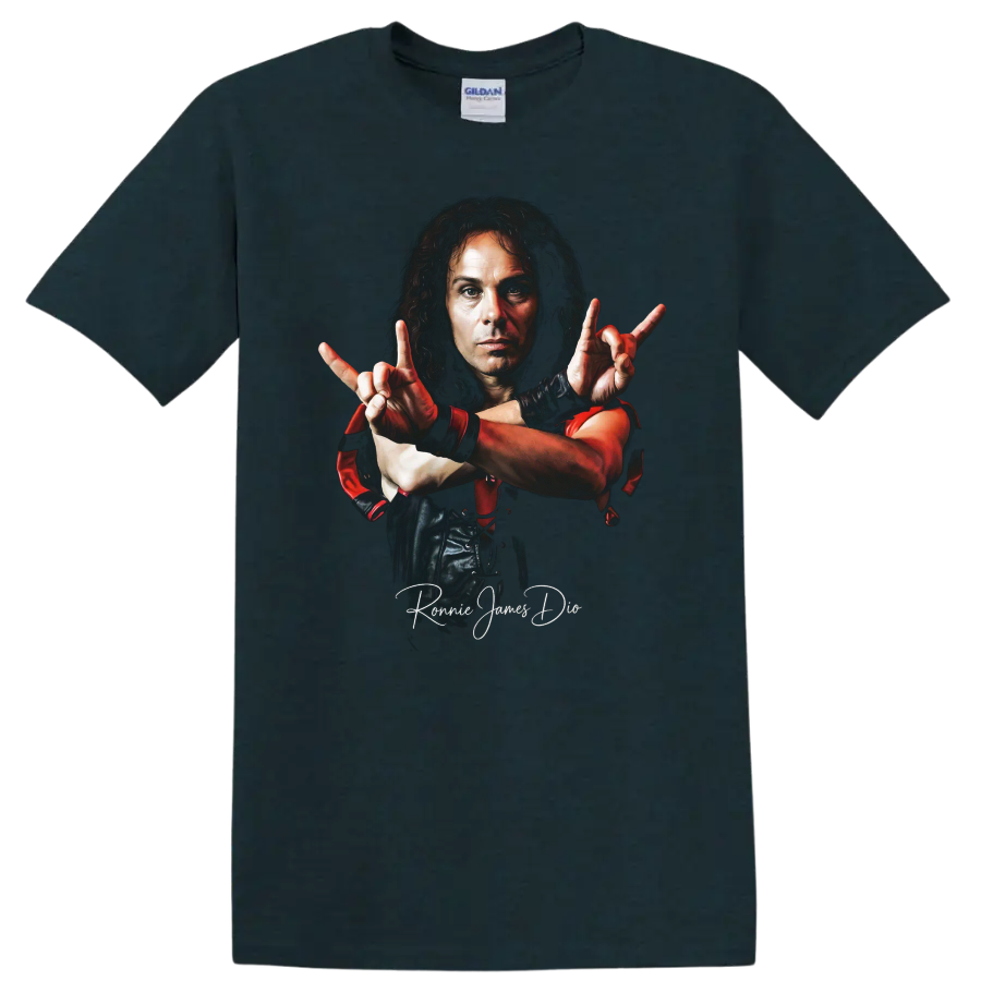 Ronnie James Dio heavy metal portrait with dramatic red accents on a Midnight (Green) T Shirt