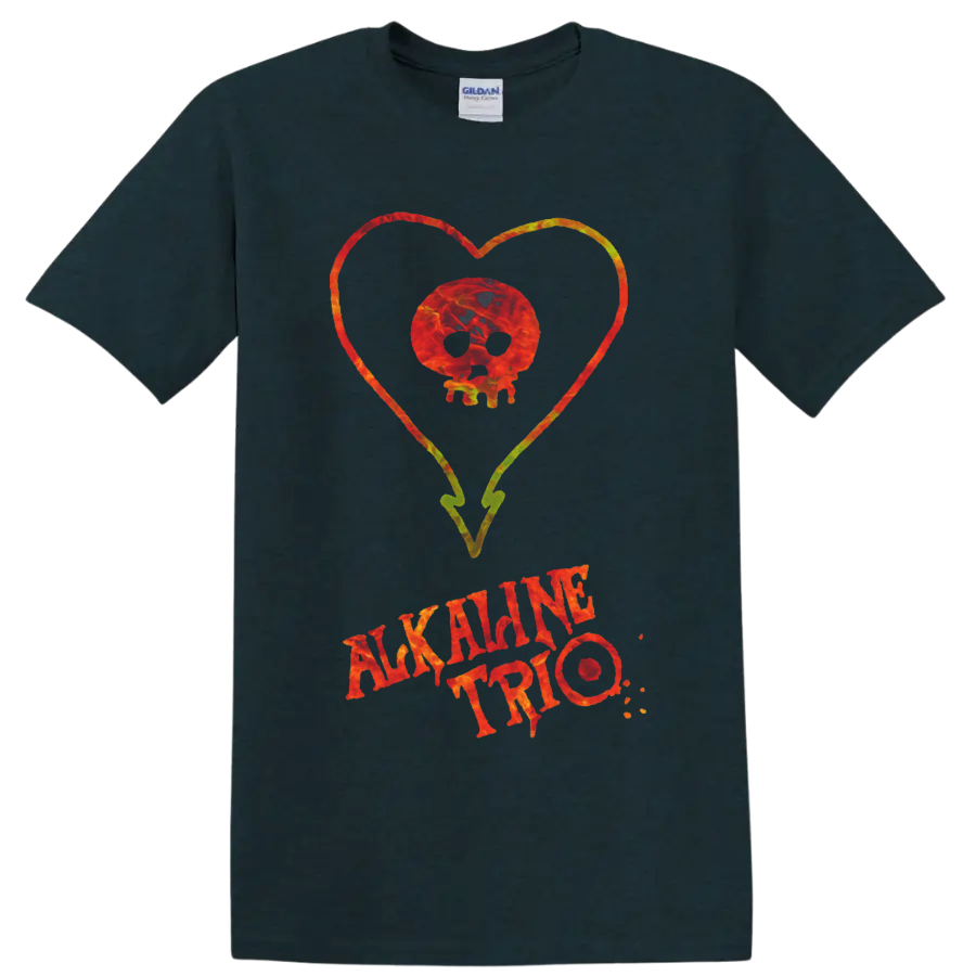 Alkaline Trio skull inside a colorful heart with distressed band lettering on a Midnight (Green) T Shirt