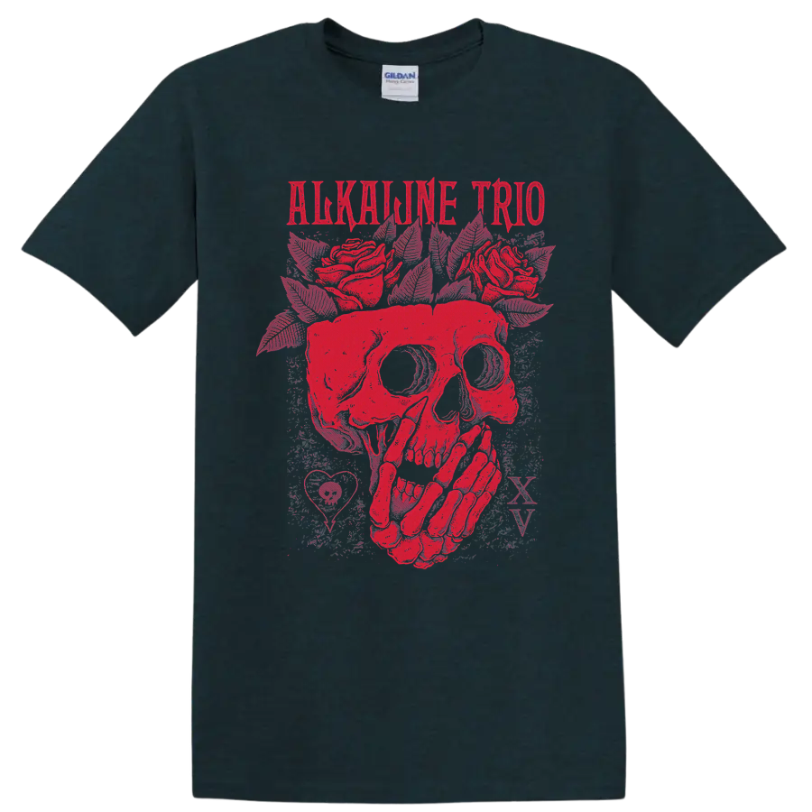 Alkaline Trio distressed red skull and roses punk rock graphic on a Midnight (Green) T Shirt