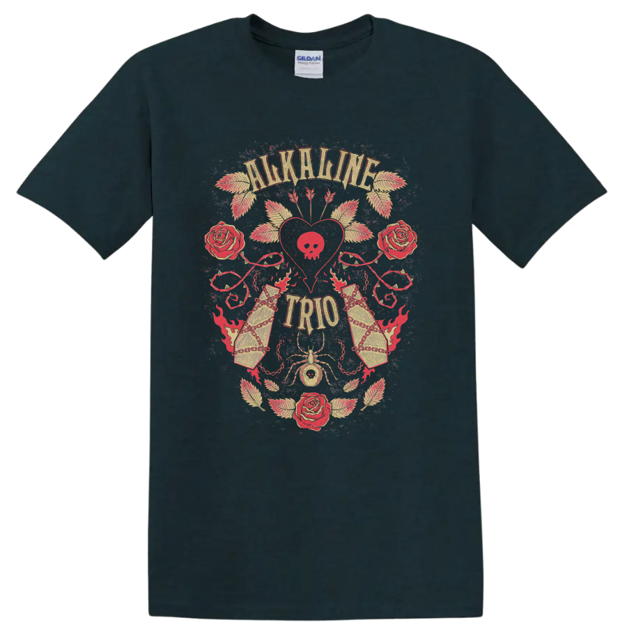 Alkaline Trio distressed punk rock rose heart graphic with ornate details on a Midnight (Green) T Shirt