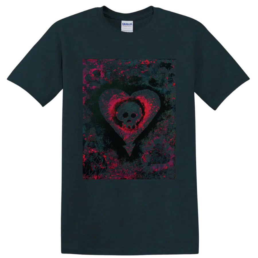 Alkaline Trio skull inside a heart, distressed punk rock graphic on a Midnight (Green) T Shirt
