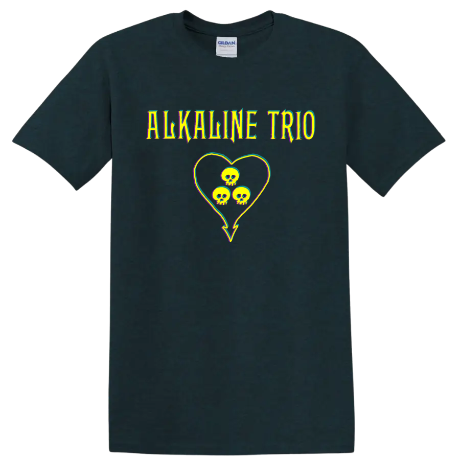 Alkaline Trio punk rock skull heart graphic with colorful glitch accents on a Midnight (Green) T Shirt