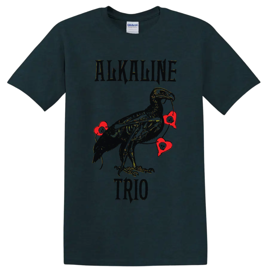Alkaline Trio punk rock raven with red hearts graphic print on a Midnight (Green) T Shirt