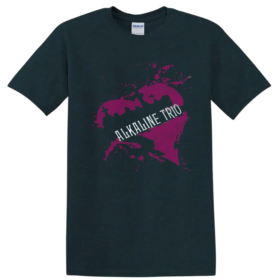 Alkaline Trio punk rock graphic with pink paint splash and distressed lettering on a Midnight (Green) T Shirt