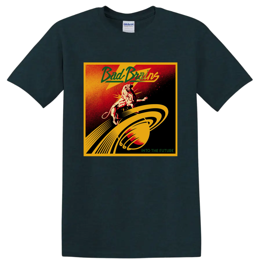 Bad Brains distressed punk rock lion and planetary rings Into the Future design on a Midnight (Green) T Shirt