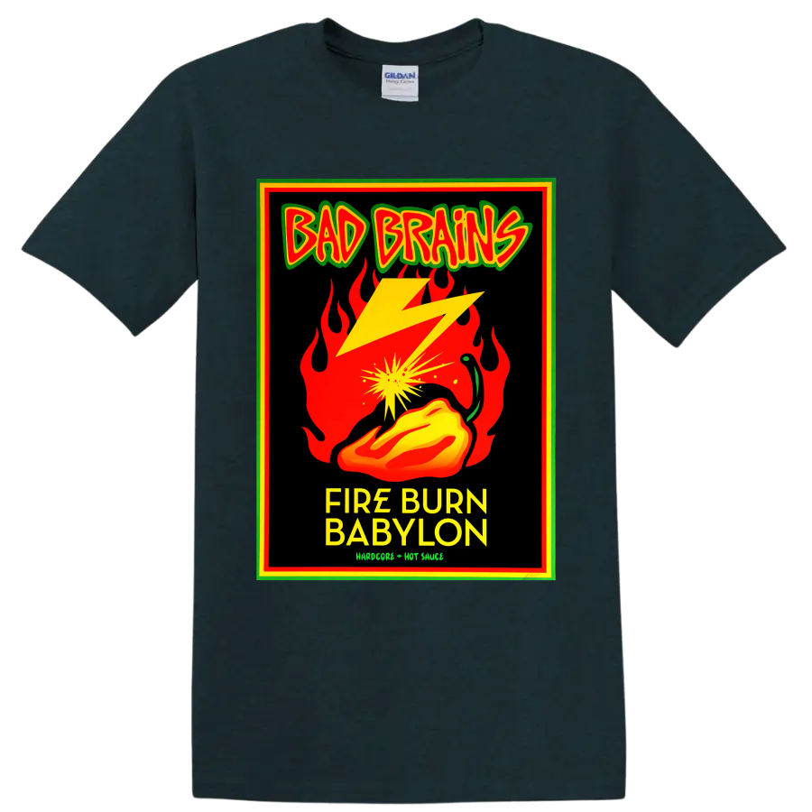 Bad Brains Fire Burn Babylon punk graphic with flames, lightning, and hot pepper on a Midnight (Green) T Shirt