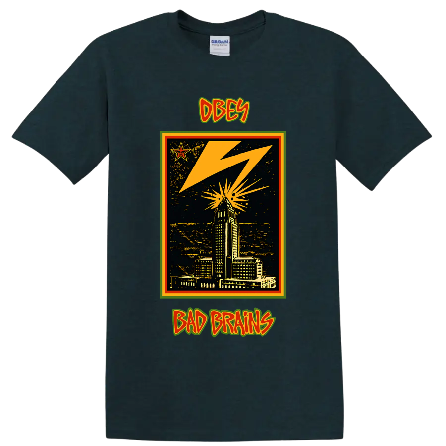Bad Brains OBEY lightning city skyline punk rock graphic on a Midnight (Green) T Shirt
