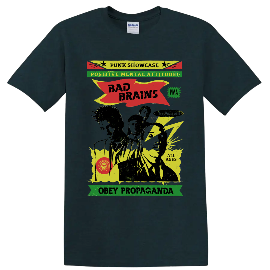 Bad Brains punk rock graphic with Positive Mental Attitude lettering on a Midnight (Green) T Shirt