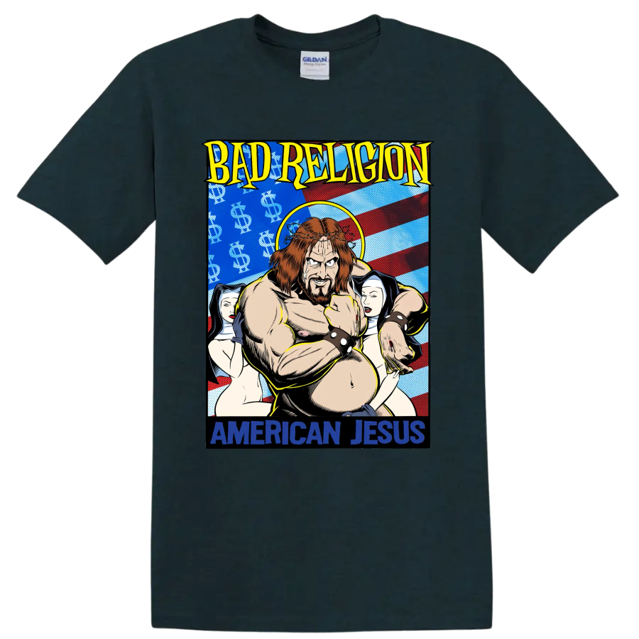 Bad Religion American Jesus comic-style punk rock graphic print on a Midnight (Green) T Shirt