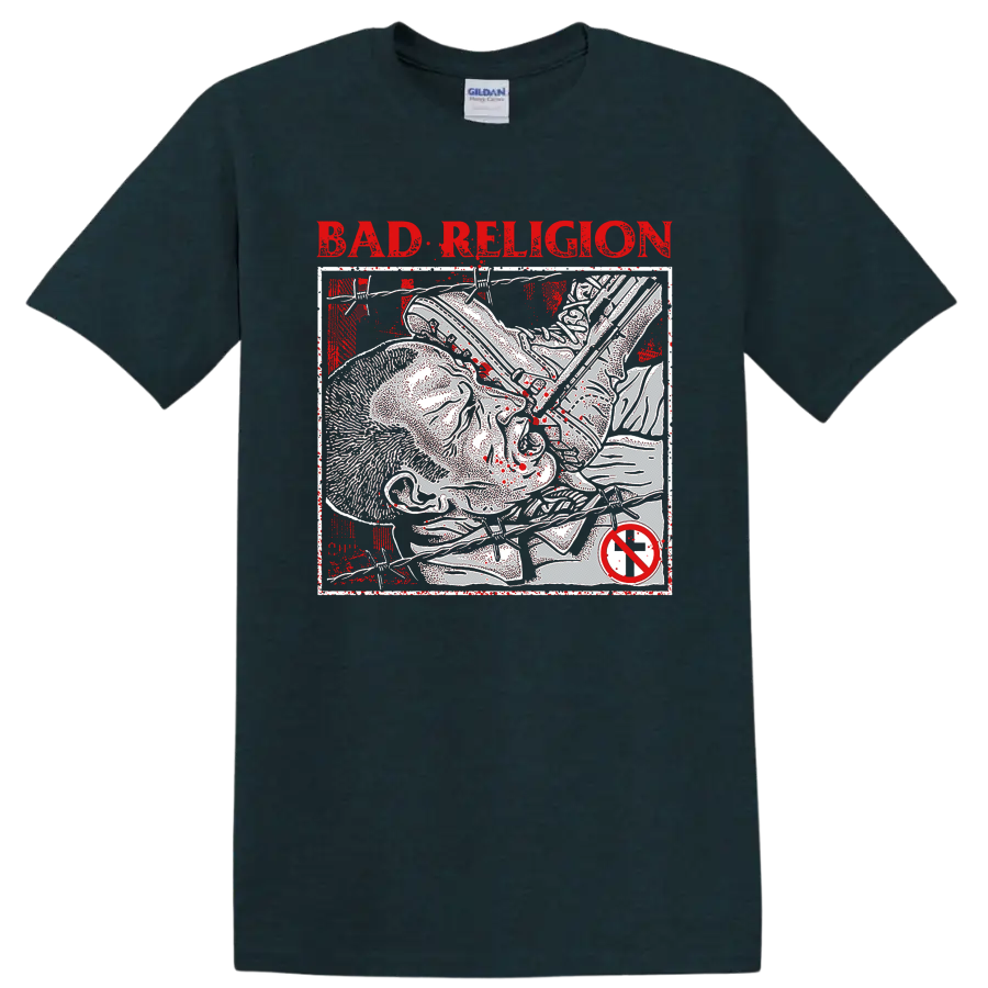 Bad Religion distressed punk rock lettering and skeletal graphic on a Midnight (Green) T Shirt