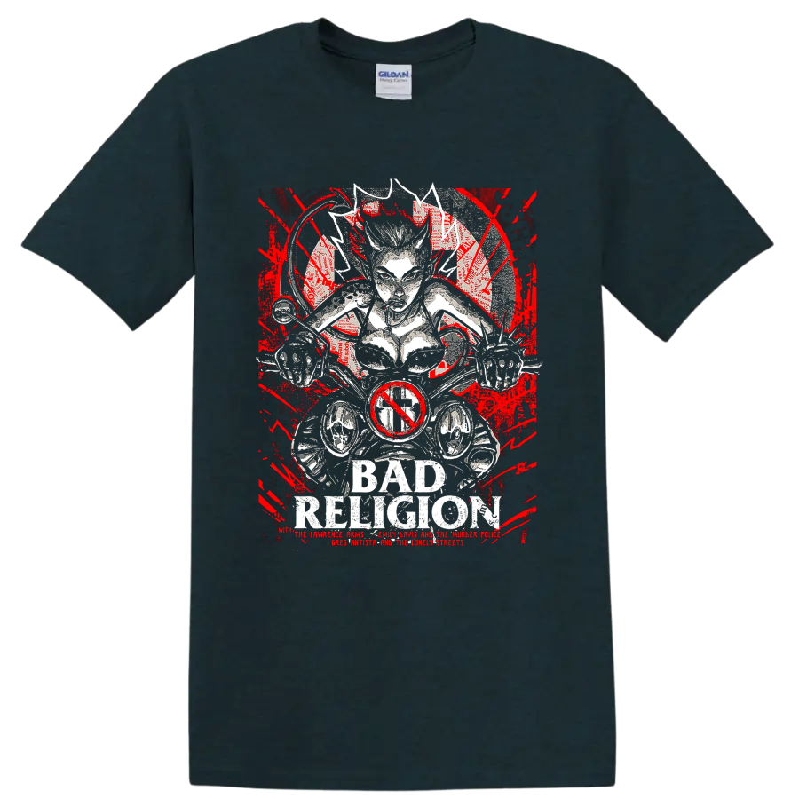 Bad Religion distressed punk rock skeletal graphic with red accents on a Midnight (Green) T Shirt