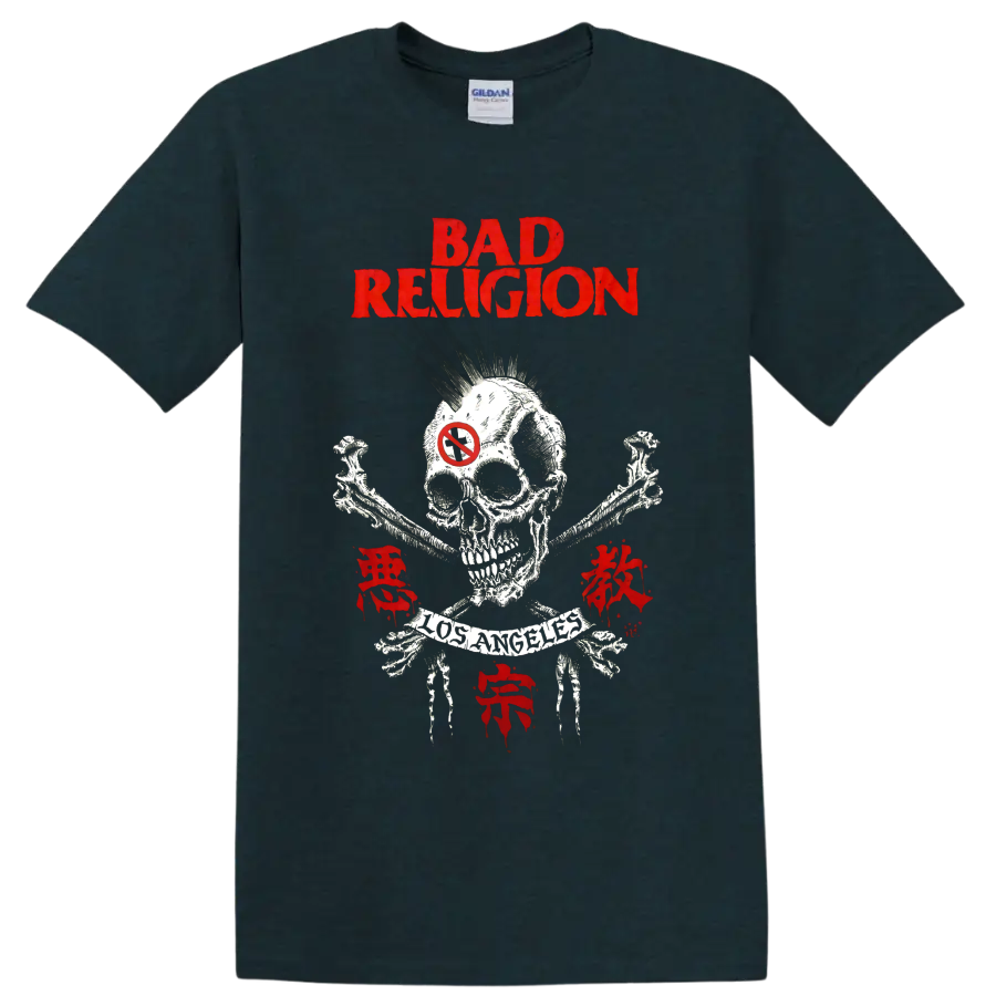Bad Religion distressed red skull and crossbones punk graphic on a Midnight (Green) T Shirt