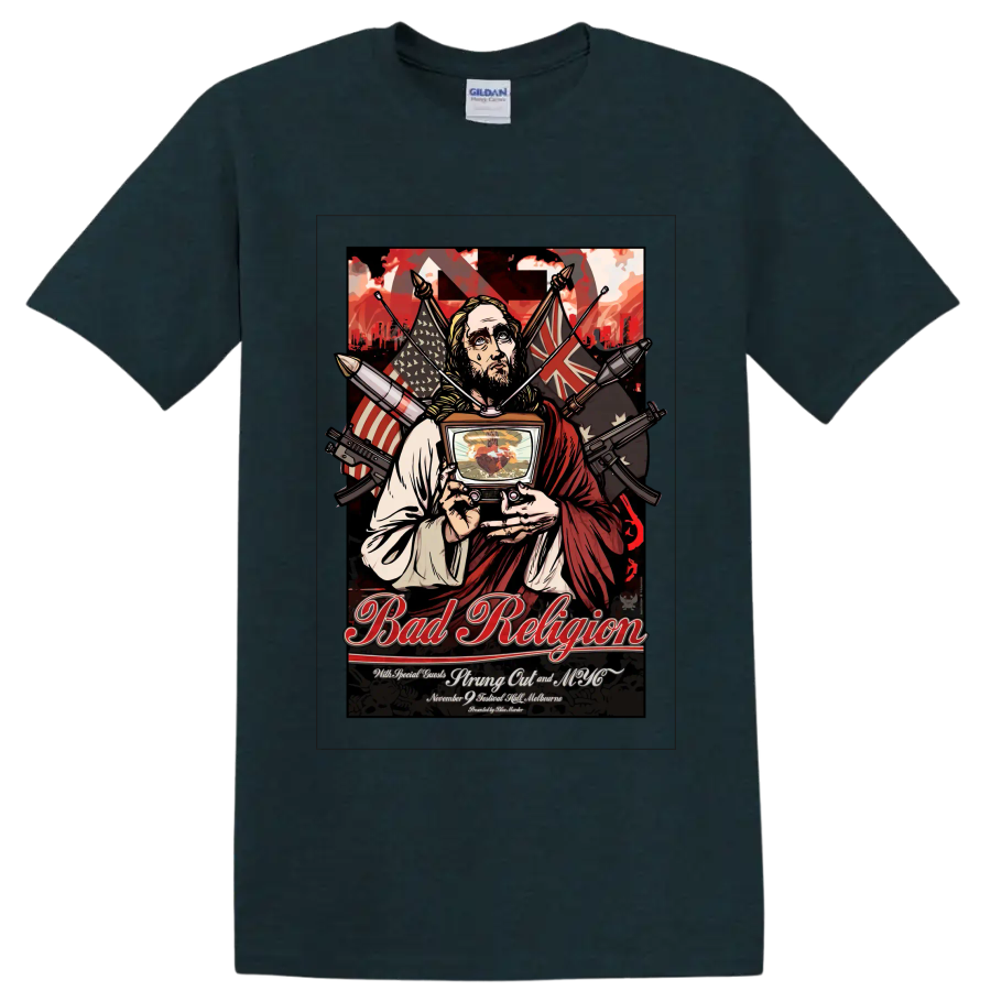 Bad Religion punk rock concert poster graphic with robed figure and television on a Midnight (Green) T Shirt