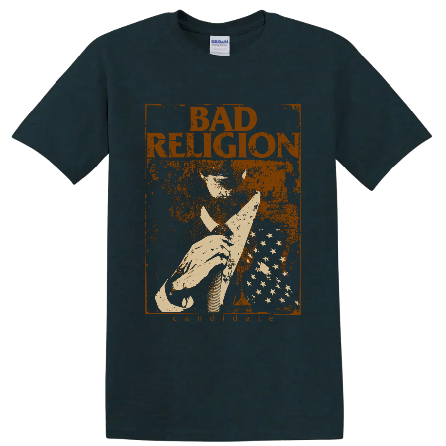 Bad Religion distressed punk rock graphic with bold lettering and central illustration on a Midnight (Green) T Shirt