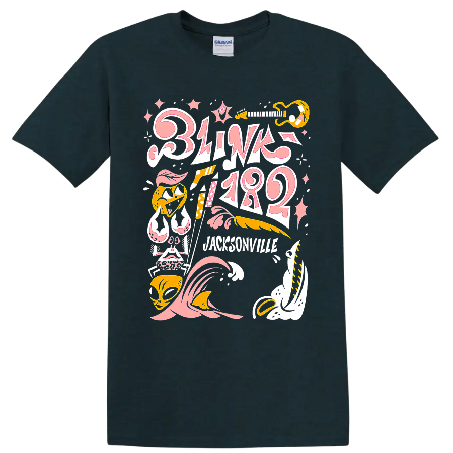 Blink-182 punk rock graphic print with pink lettering and yellow music accents on a Midnight (Green) T Shirt