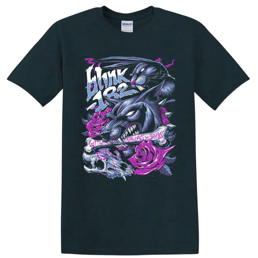 Blink-182 punk rock graphic with a blue skeletal creature and magenta details on a Midnight (Green) T Shirt