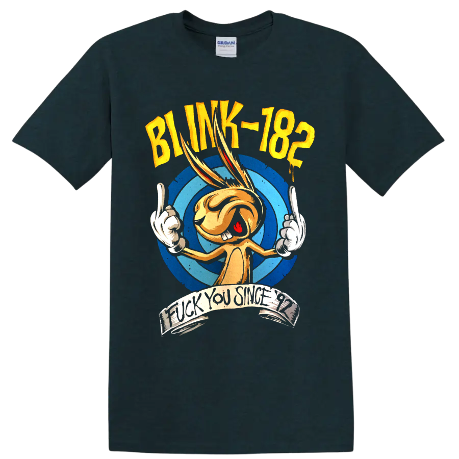Blink-182 punk rock graphic with orange cartoon character and blue circles on a Midnight (Green) T Shirt
