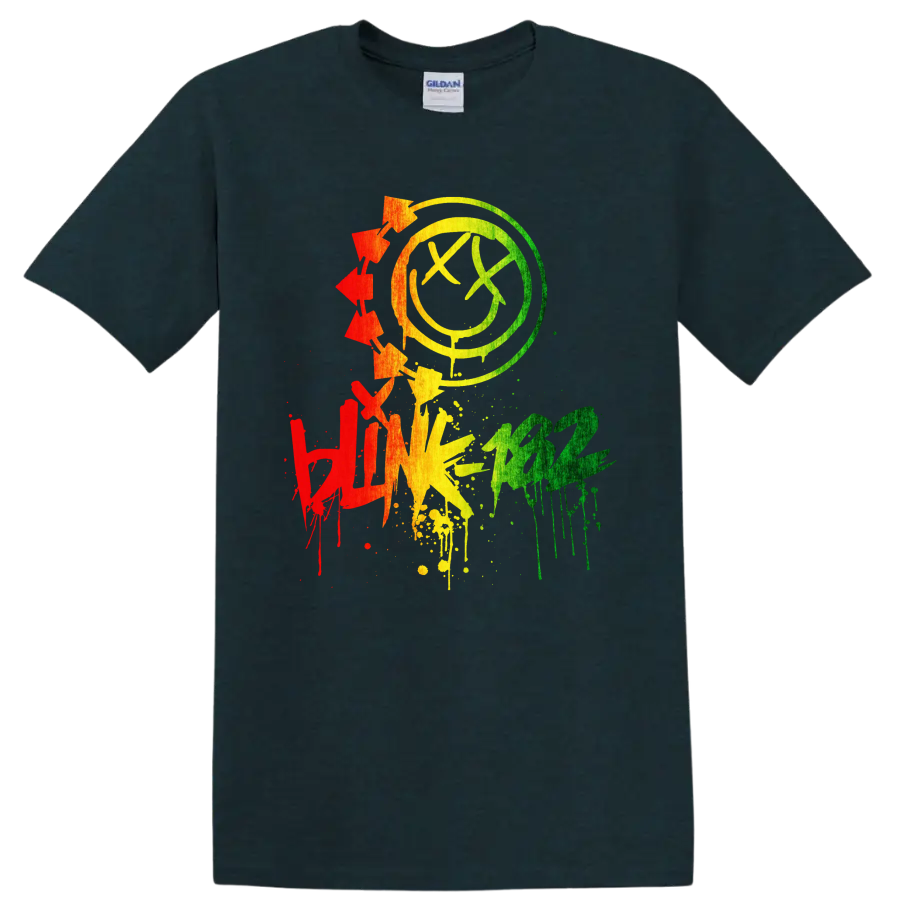 Blink-182 colorful distressed smiley punk rock graphic on a Midnight (Green) T Shirt