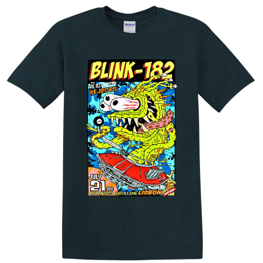 Blink-182 colorful punk rock concert poster with cartoon creature and red car on a Midnight (Green) T Shirt