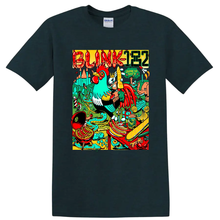 Blink-182 colorful surreal punk rock graphic with bold band lettering on a Midnight (Green) T Shirt