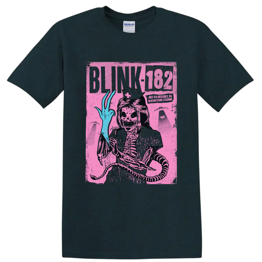 Blink-182 skeleton punk rock graphic with distressed poster-style artwork on a Midnight (Green) T Shirt