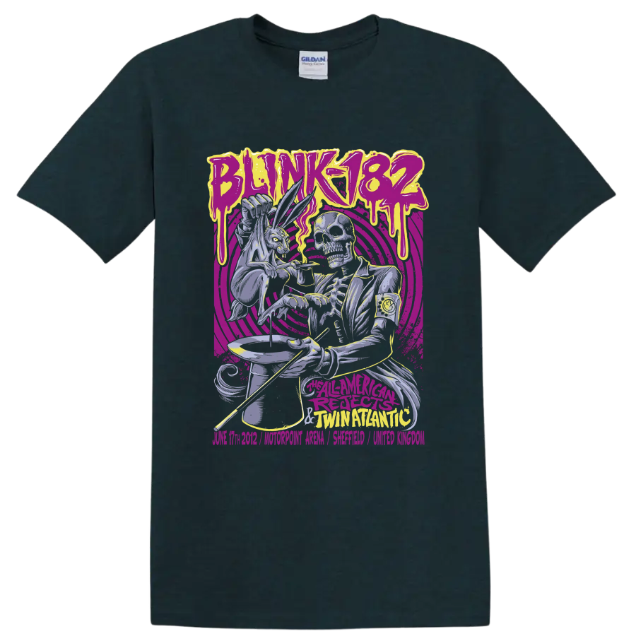 Blink-182 punk rock skeleton graphic with purple and yellow artwork on a Midnight (Green) T Shirt