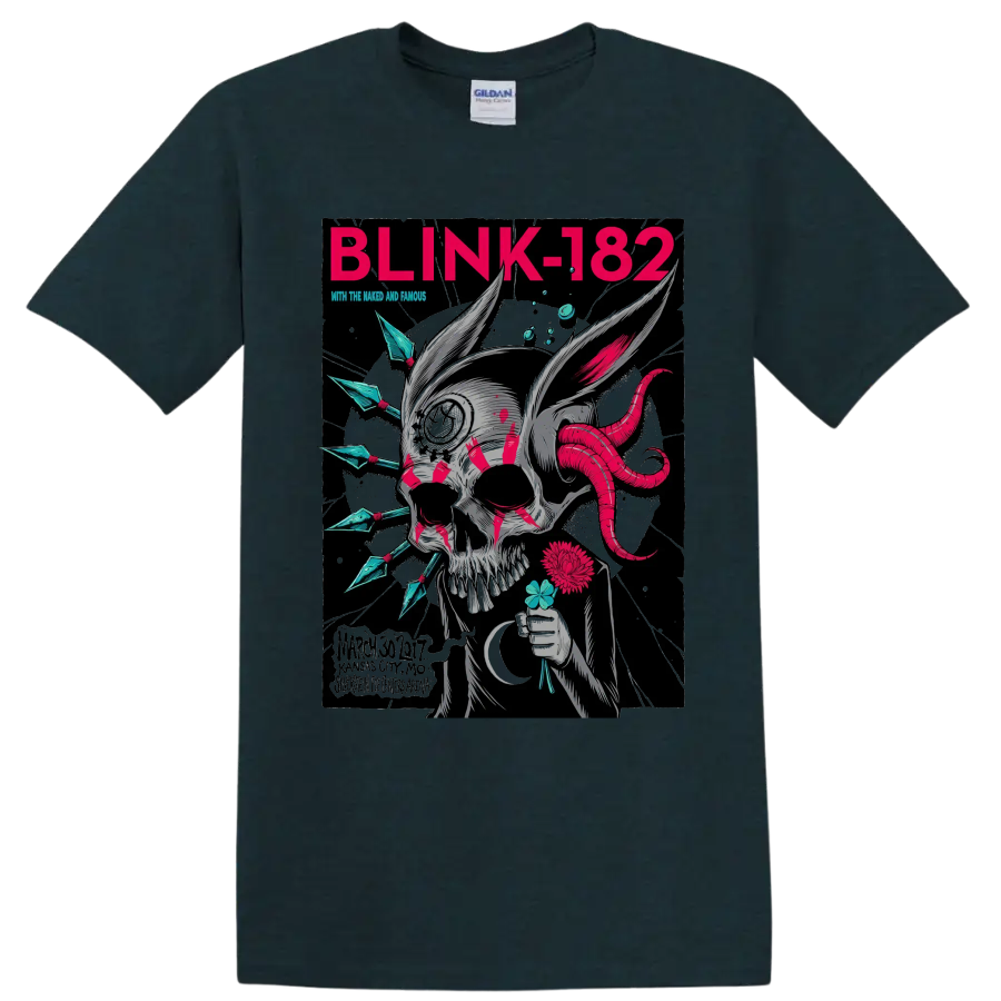 Blink-182 punk rock skull graphic with magenta tentacles and flowers on a Midnight (Green) T Shirt