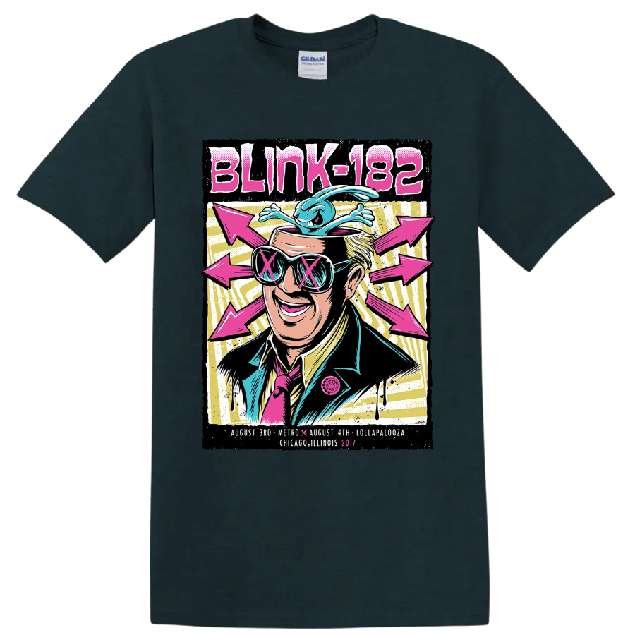 Blink-182 punk rock festival graphic with sunglasses, blue creature, and pink arrows on a Midnight (Green) T Shirt