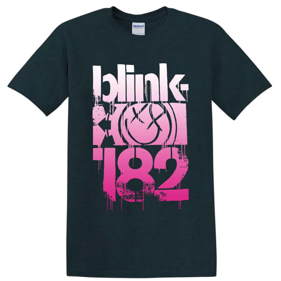 Blink-182 pink distressed punk rock lettering with smiley-style graphic on a Midnight (Green) T Shirt