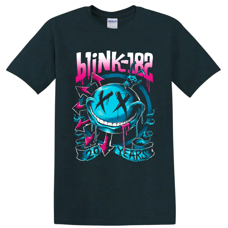 Blink-182 punk rock globe graphic with arrows and distressed lettering on a Midnight (Green) T Shirt